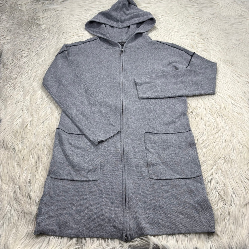 Tahari Women's M Gray Long Line Zip Front Hooded Cardigan Sporty Minimalist Cozy